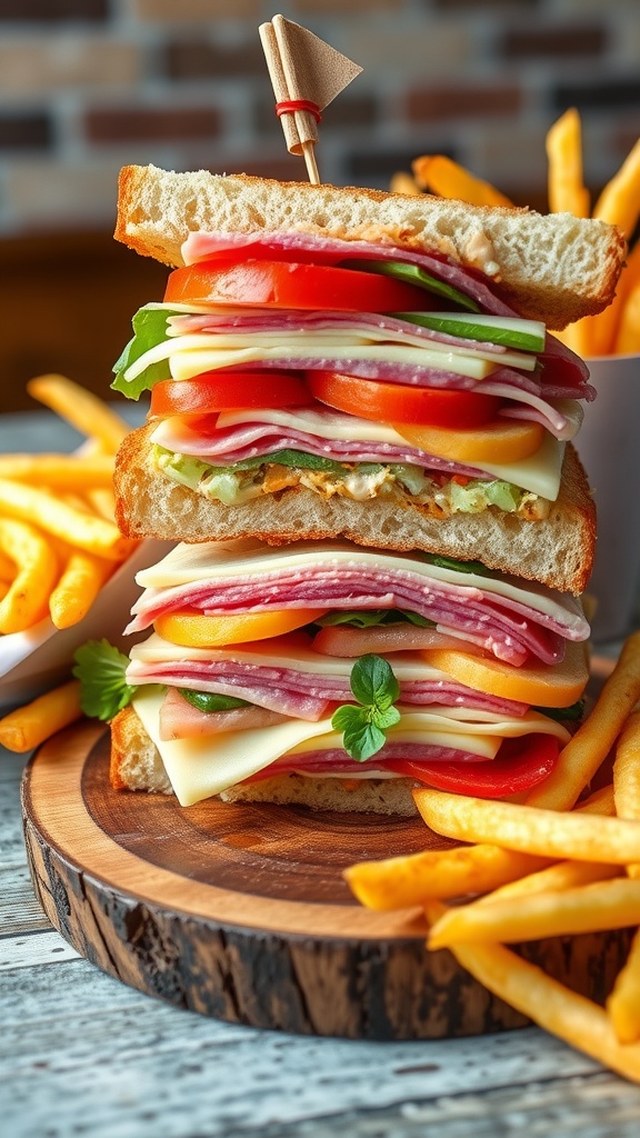 A classic sandwich with deli meats, cheese, and fresh veggies, accompanied by crispy french fries on a rustic board.
